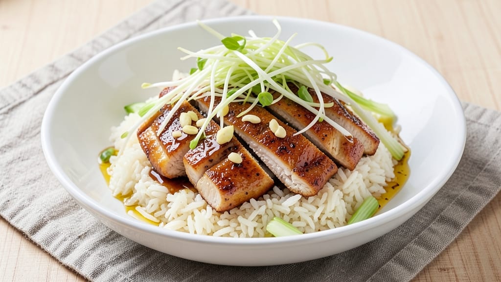 Chicken Rice and Bean Sprouts Recipe: Crispy Celery Crowns Over Fragrant Jasmine Rice