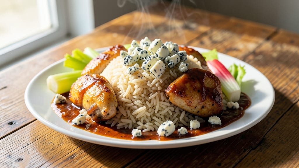 Buffalo Chicken Rice Recipe: Crispy Celery Crowns Over Spicy Creamy Rice