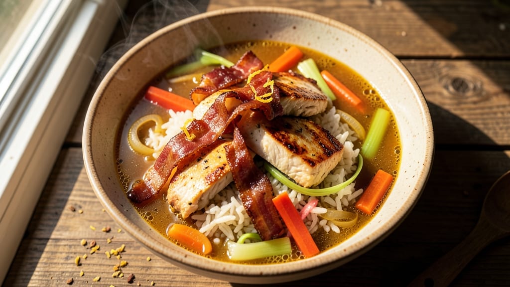 Chicken Bacon Rice Soup Recipe: Smoky Crispy Bacon Bites in Savory Broth