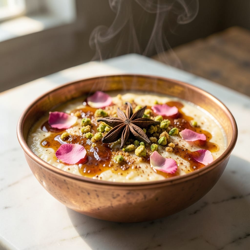 Arabic Rice Pudding Recipe: Rosewater-Scented Warmth with Toasted Almond Crunch