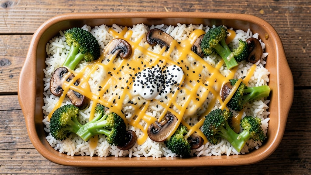 Broccoli Rice Mushroom Casserole Recipe: Cheesy Crisp-Top Bake for One-Pan Elegance