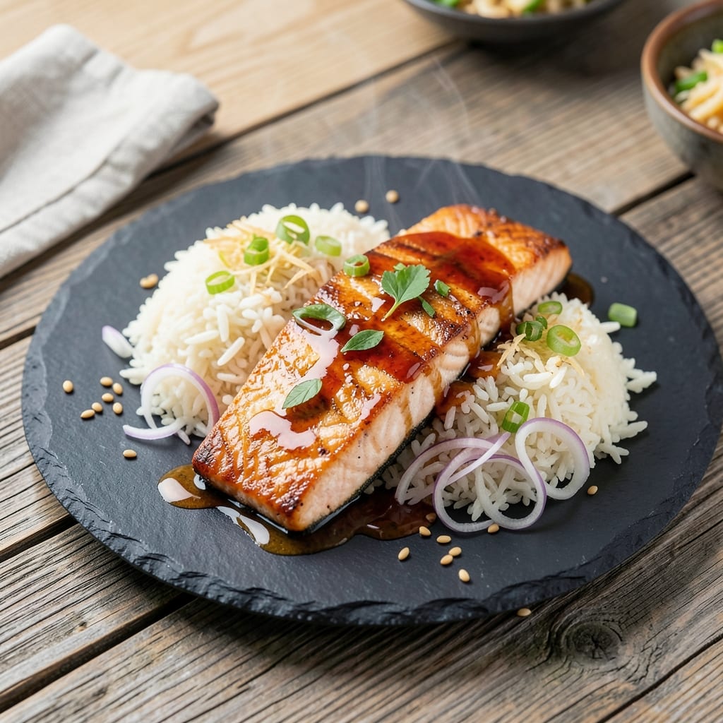 Asian Salmon and Rice Recipe: Sesame-Glazed Fish Over Fragrant Jasmine Rice