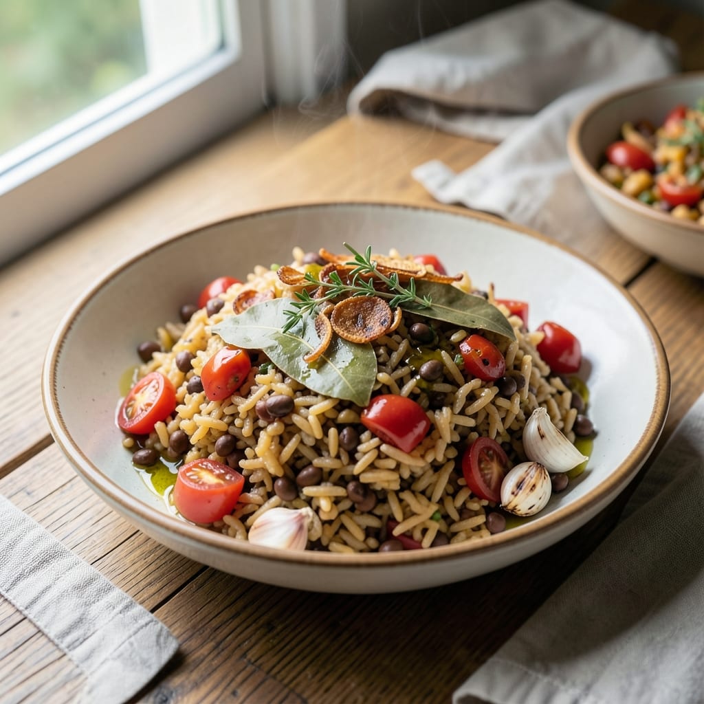 African Red Rice Recipe: Tomato-Braised Spice Bomb With Crispy Lentils