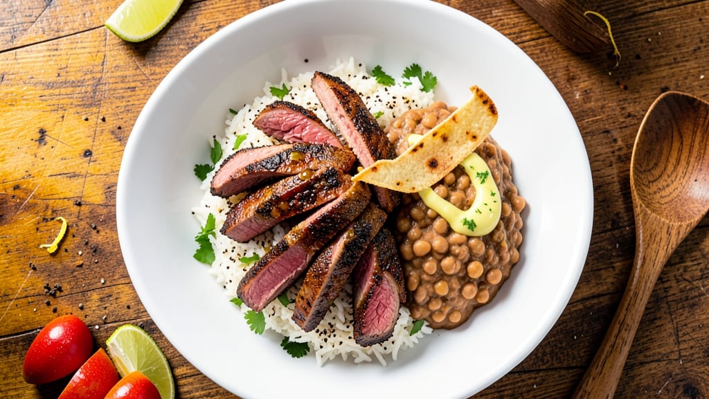 Carne Asada With Rice and Beans Recipe: Smoky Grilled Steak Over Cilantro-Lime Rice