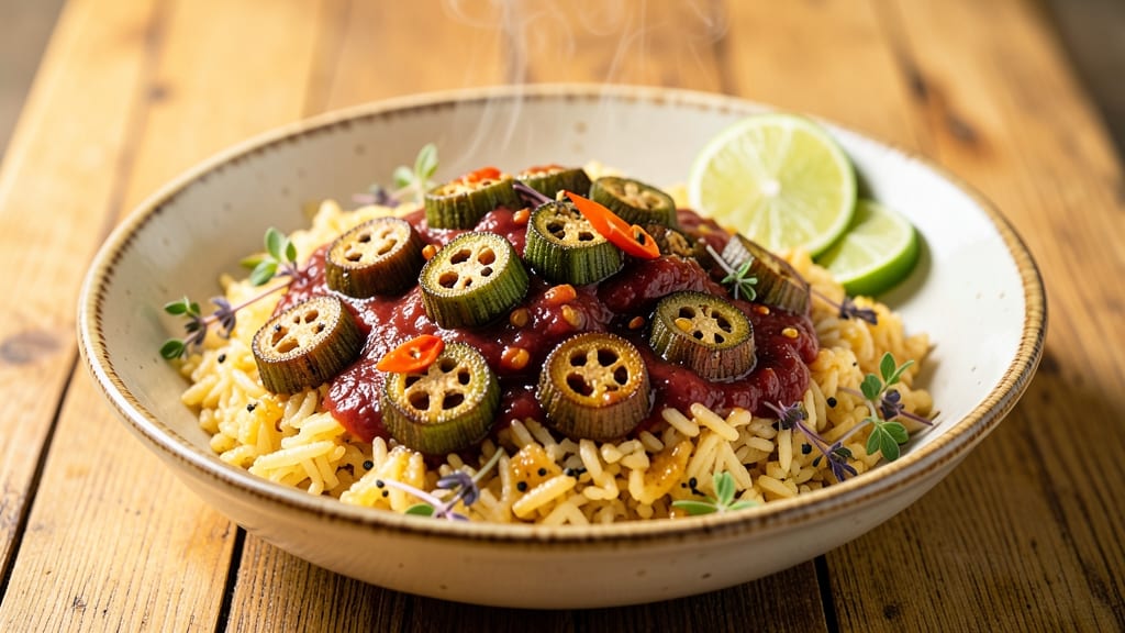 Caribbean Okra and Rice Recipe: Spiced Tomato Gravy Over Fragrant Jasmine Rice