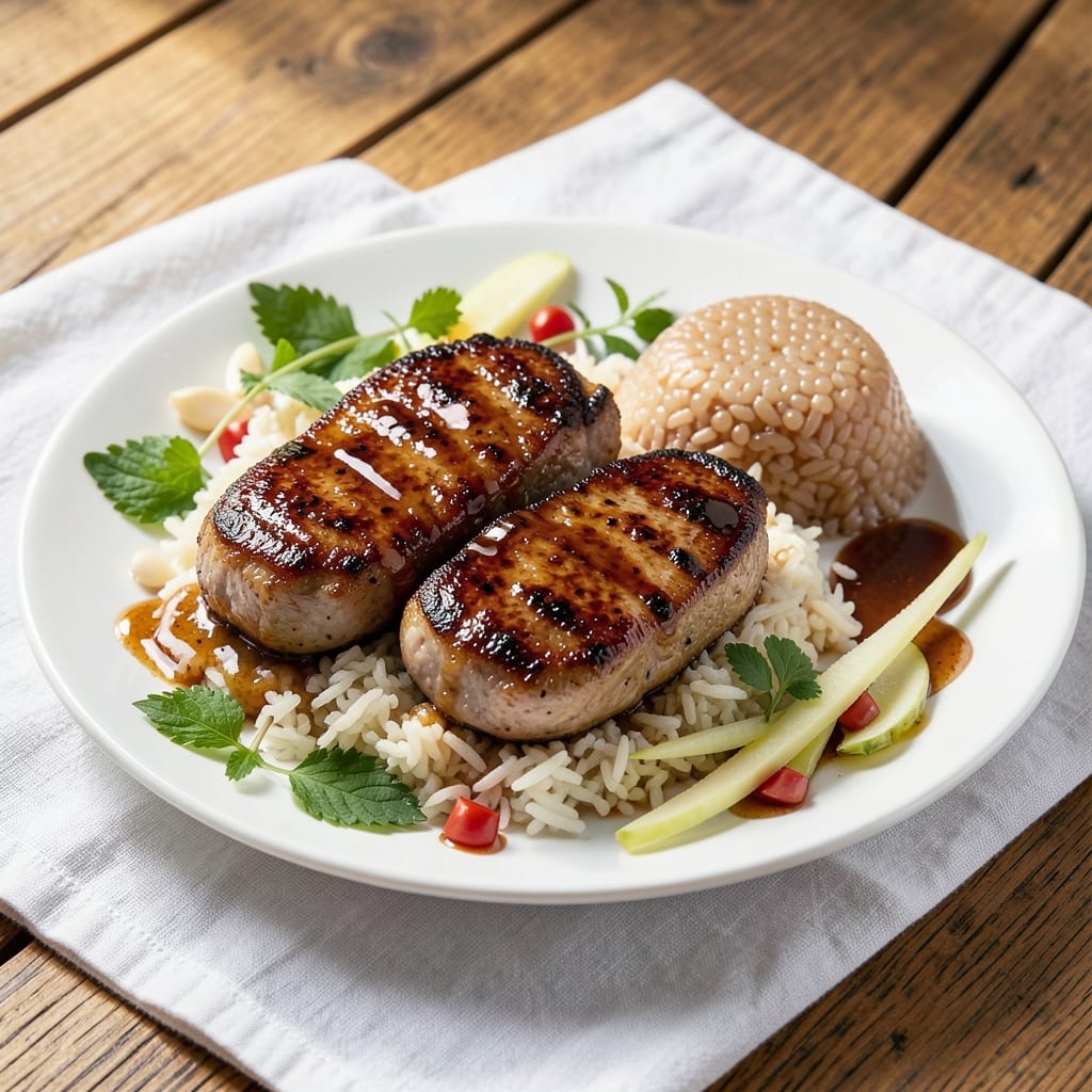 Asian Pork Chops and Rice Recipe: Wok-Seared Crisp With Fragrant Ginger-Soy Rice