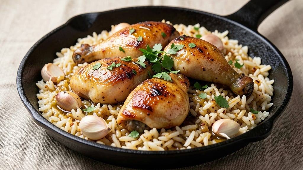 Chicken and Rice Skillet Dinner Recipe: Juicy Pan-Seared Chicken with Herbed Garlic Rice