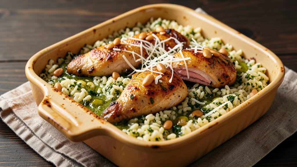 Chicken Pesto Rice Bake Recipe: Crispy Top, Melty Cheese, One-Pan Magic