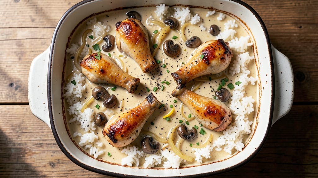 Chicken Legs Cream of Mushroom Soup and Rice Casserole Recipe: Velvety Mushroom Gravy Over Buttery Rice