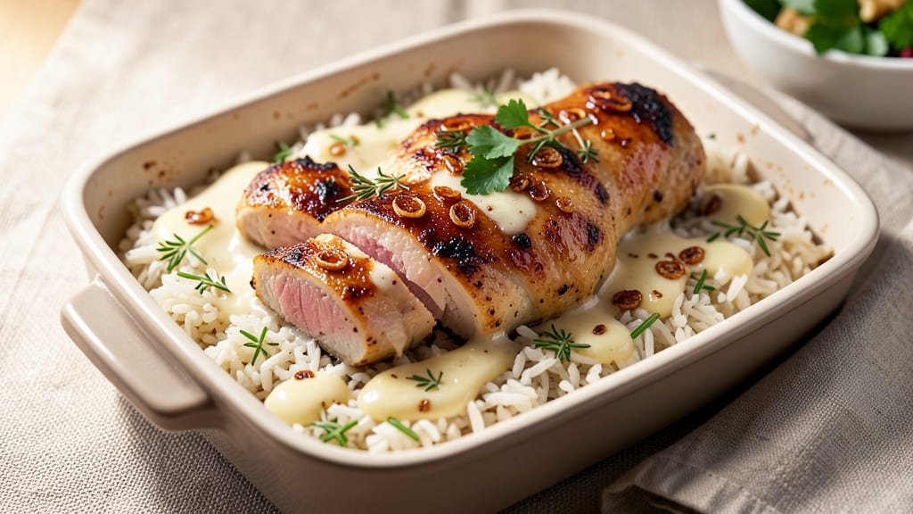Chicken Thigh Rice Bake Recipe: Crispy Celery Crowns Over Smoky Garlic Rice
