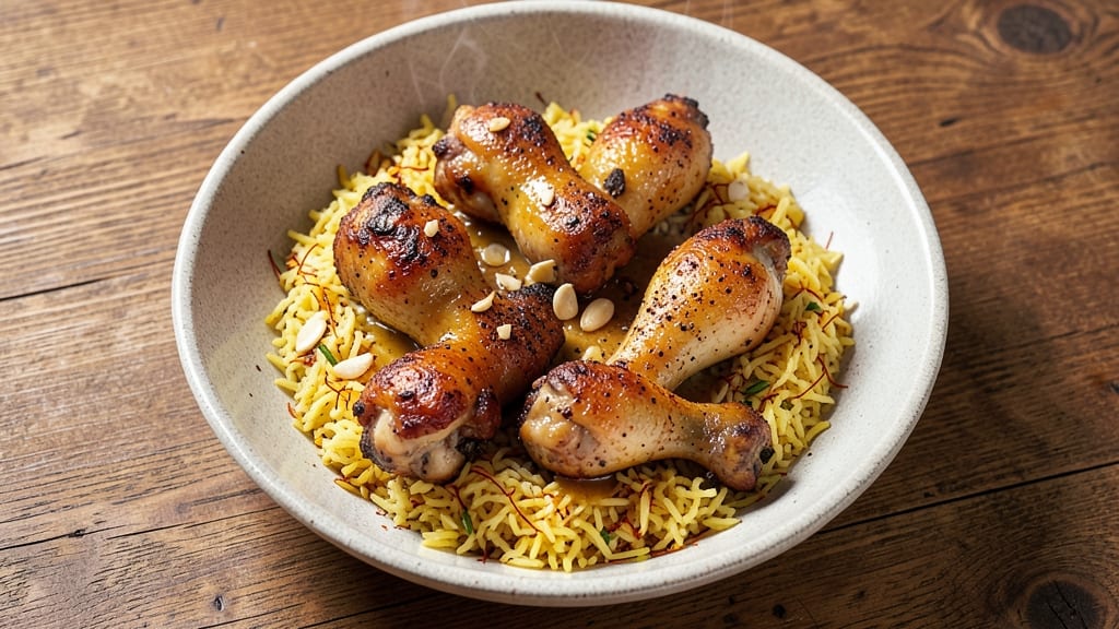 Chicken Legs and Yellow Rice Recipe: Crispy-Skinned Legs Over Buttery Jasmine Rice