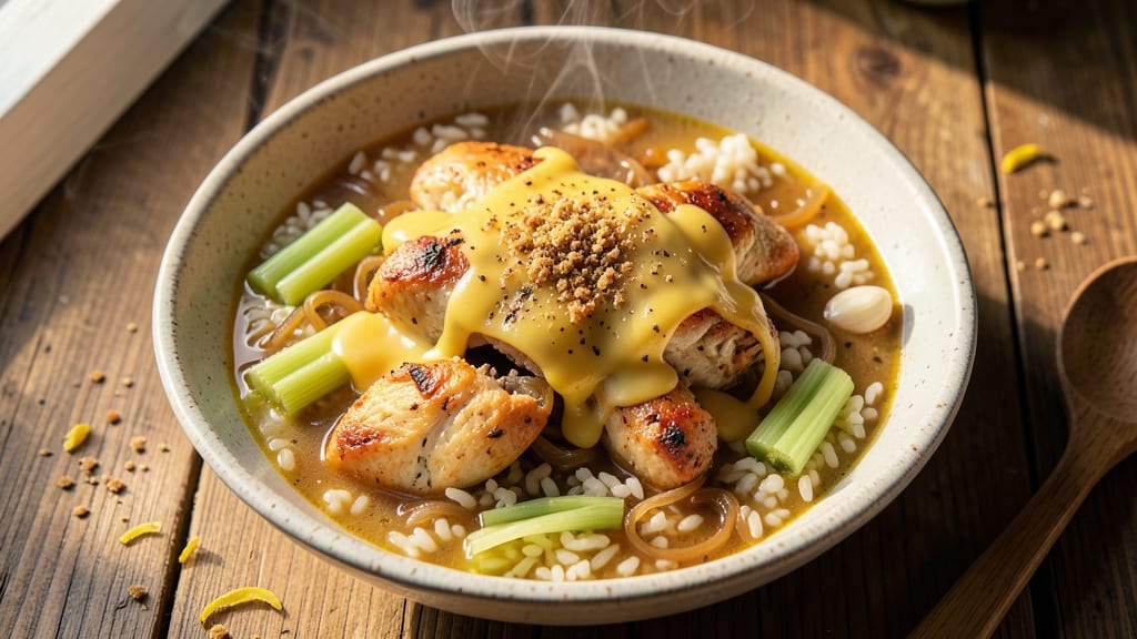 Cheesy Chicken and Rice Soup Recipe: One-Pot Creaminess With Crispy Celery Crowns