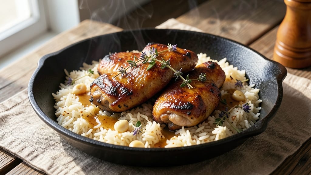 Chicken Thighs And Rice Skillet Recipe: Smoky Garlic Butter Crunch Over Fragrant Jasmine
