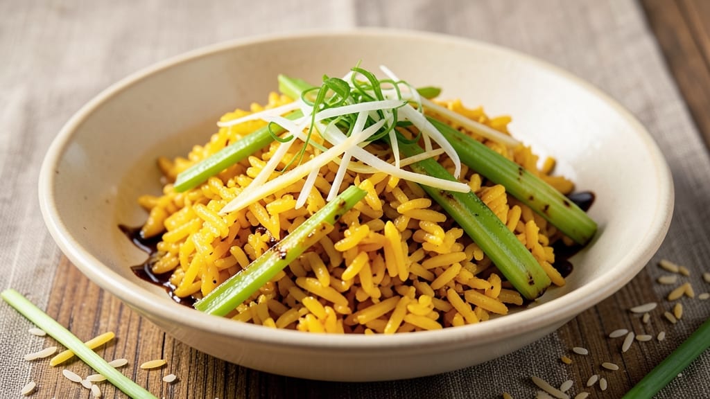 Chinese Yellow Rice Recipe: Turmeric-Infused Jasmine With Crispy Celery Top