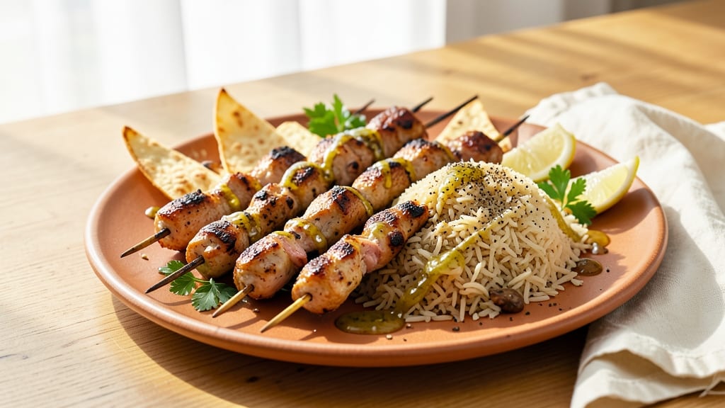 Chicken Souvlaki Rice Recipe: Grilled Skewers Over Fragrant Lemon Rice
