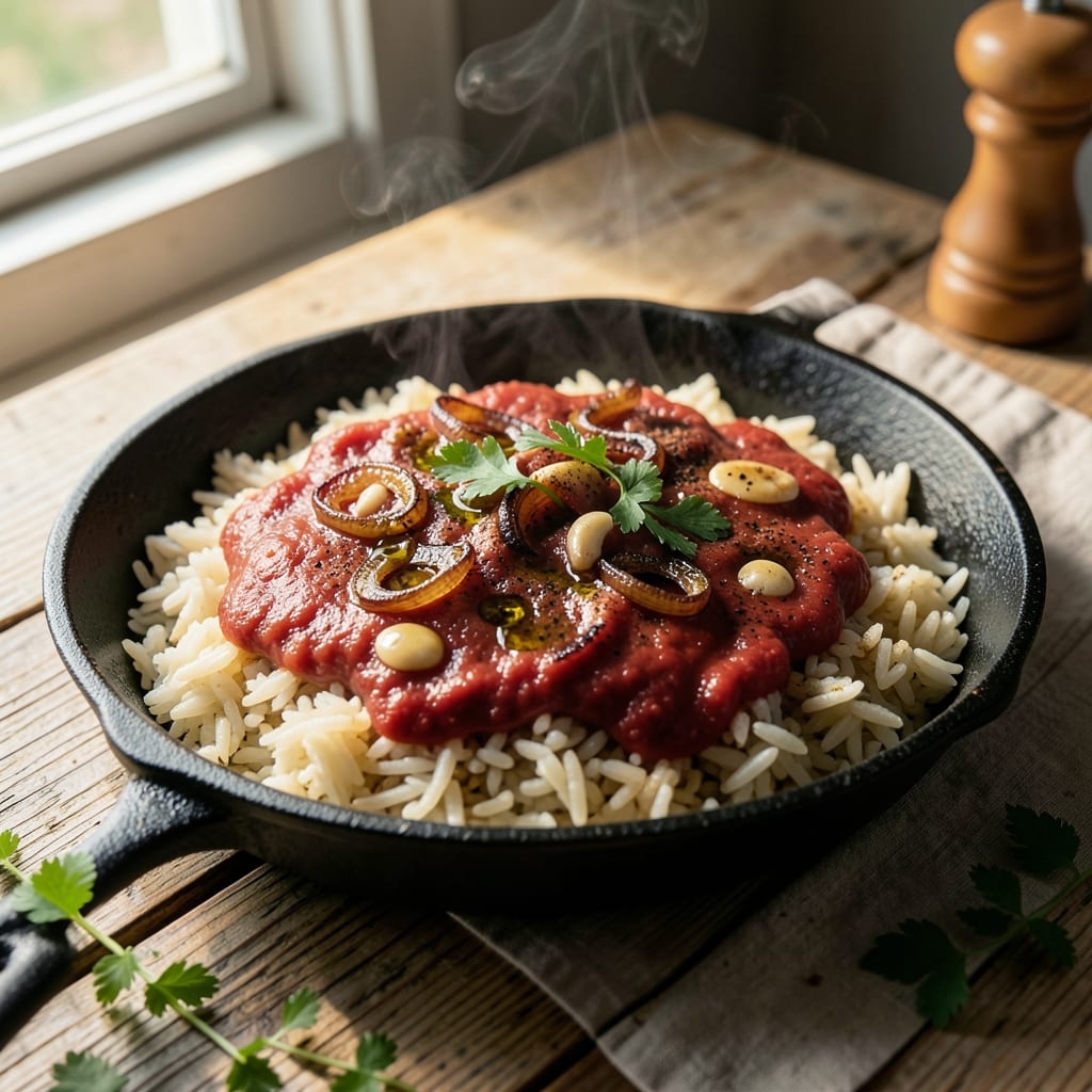 1960s Spanish Rice Recipe: Tomato-Soaked Saffron Crunch in One Pot