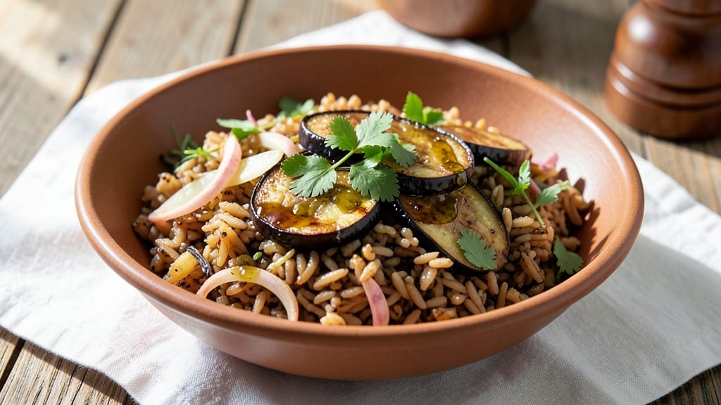 Brown Rice and Eggplant Recipe: Crispy Eggplant Crowns Over Fragrant Spiced Rice