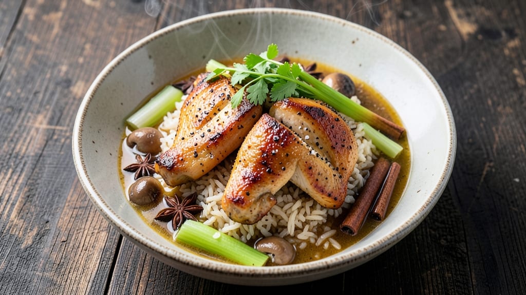 Chicken Sizzling Rice Soup Recipe: Fragrant Five-Spice Broth with Crispy Celery Top