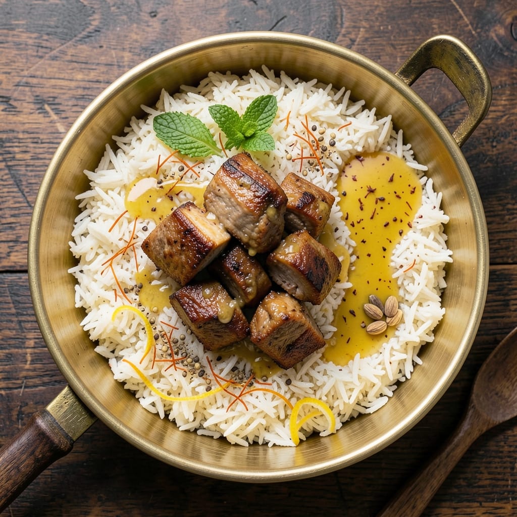 Ambemohar Rice Recipe: Saffron-Spiced Lamb and Toasted Almond Crunch