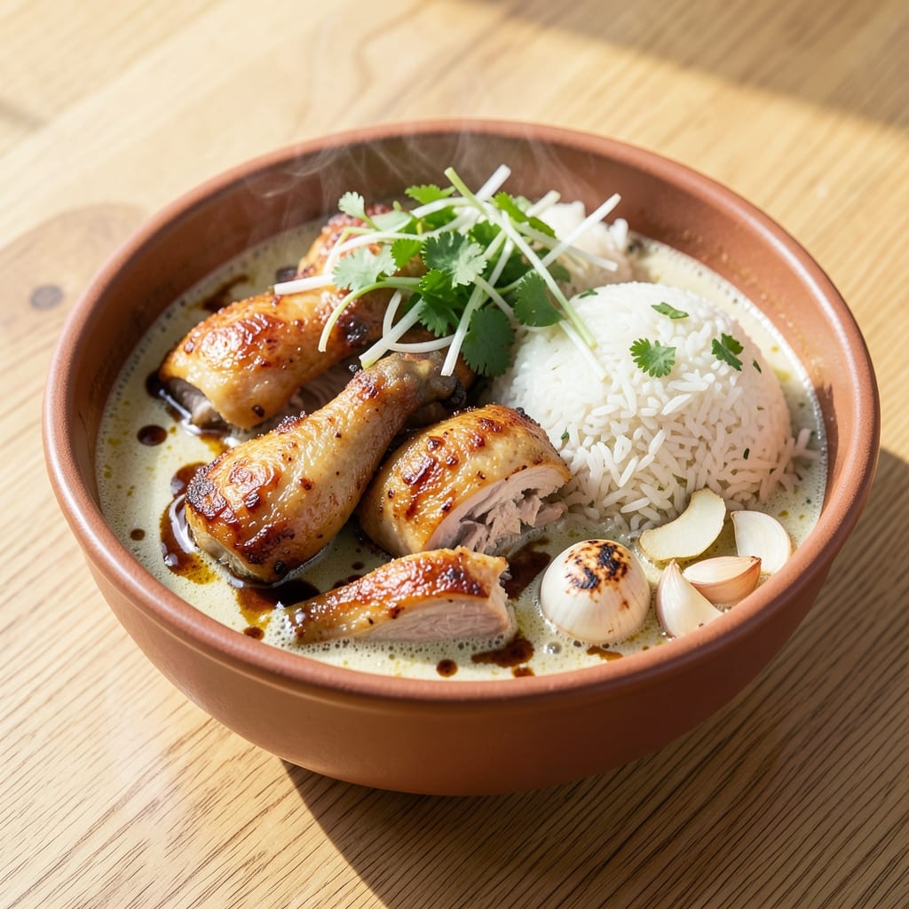 1 Pot Hainanese Chicken Rice Recipe: Fragrant Coconut Curry Crust on Steamed Rice