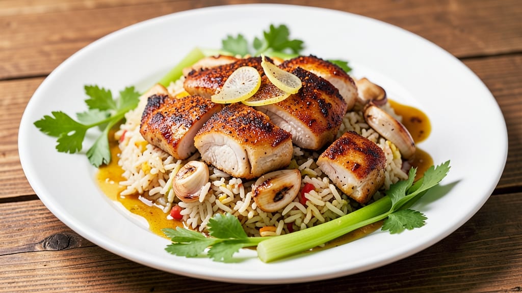 Chicken Savory Rice Recipe: One-Pan Crispy Celery Crowns Over Fragrant Jasmine