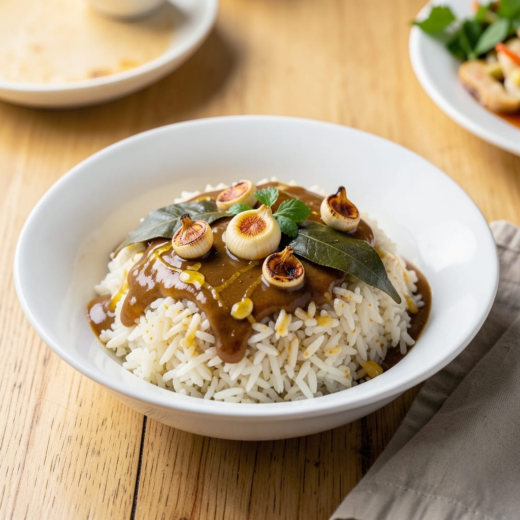 Adobo Rice Filipino Recipe: Soy-Braised Rice with Charred Garlic Bites